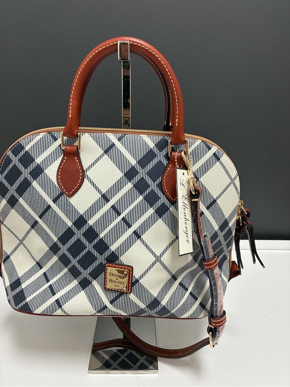 Dooney & Bourke NWT Navy Plaid Satchel with Brown Leather Trim